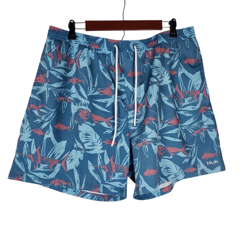 Huk Swim Trunks Mens XL Pursuit Ocean Palms Volley Swim Shorts Mesh Lined 6" Ins